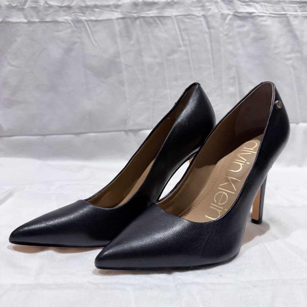 Calvin Klein Nilly Pumps,  Size 7, Black Faux Leather Stiletto Heels, Elegant
